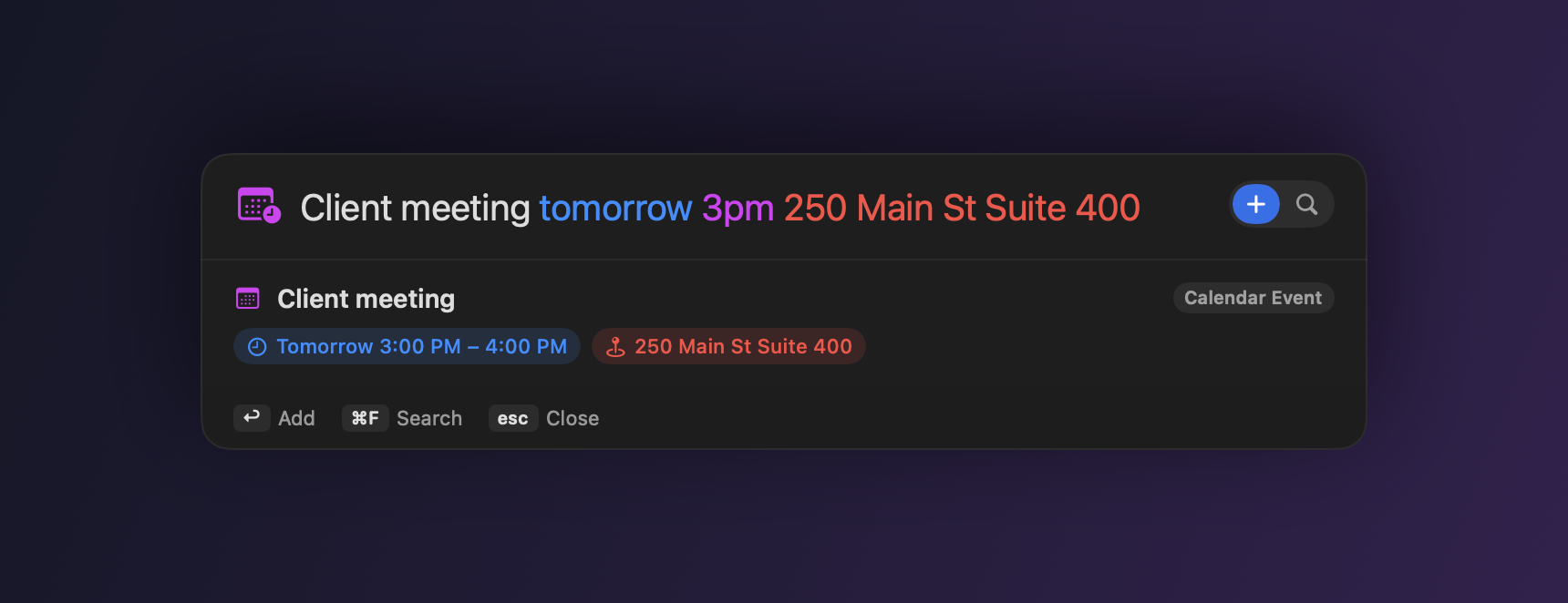 Nextor turning a typed line into a calendar event with the location filled in