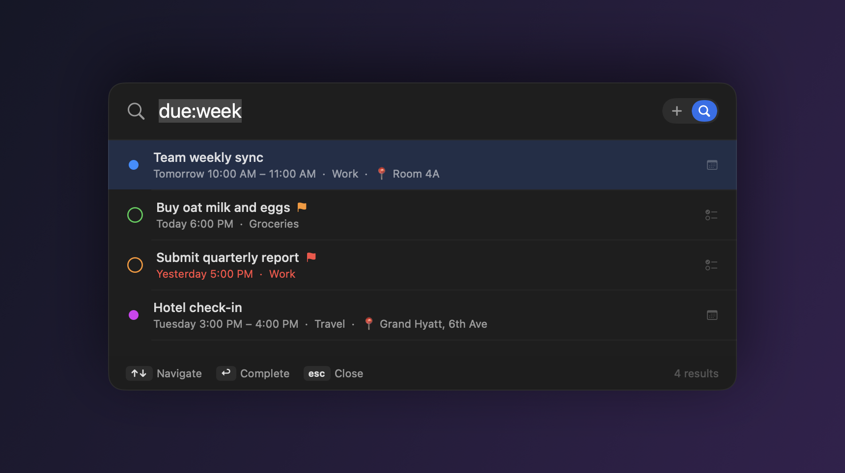 Smart search across reminders and calendar