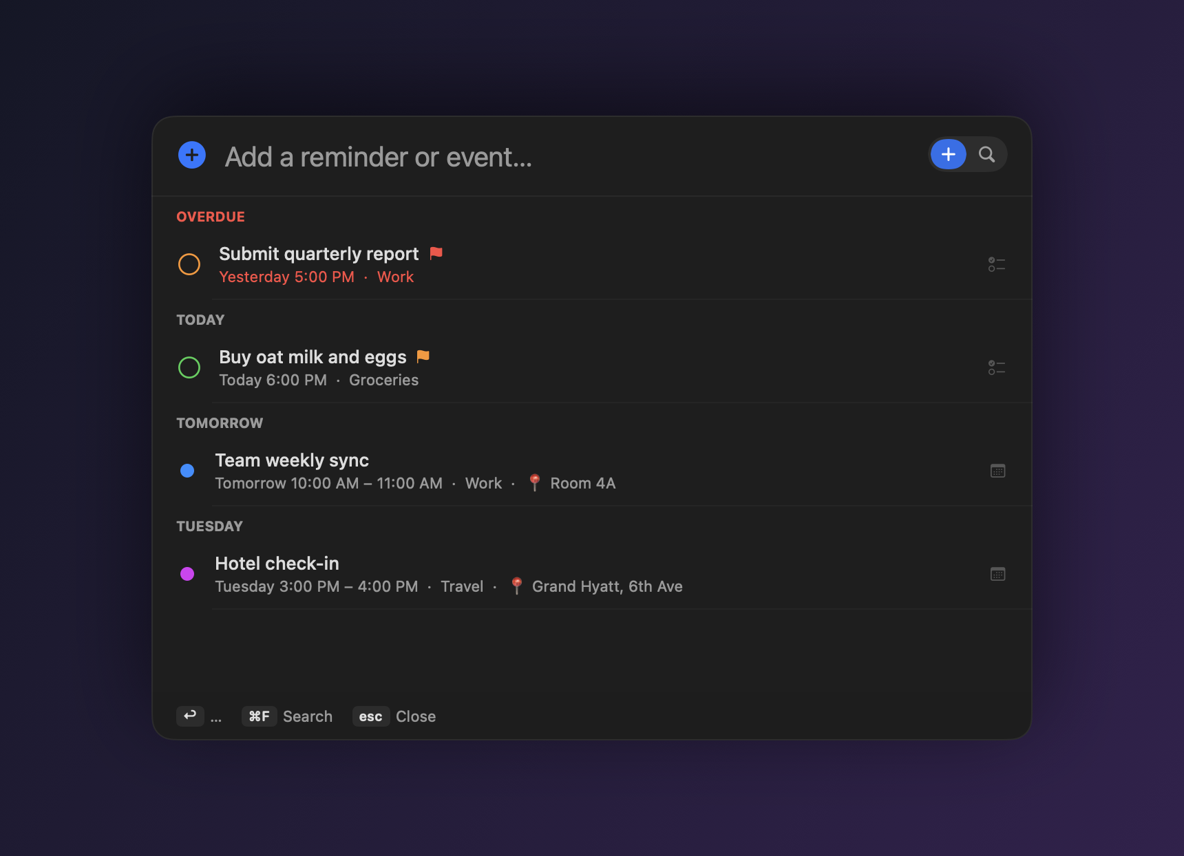 Nextor showing overdue, today and upcoming items grouped by day in the panel